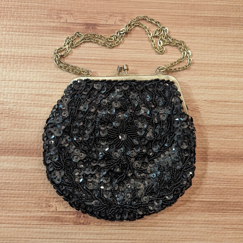 Vintage Black Beaded Purse Evening Bag Silver Chain Strap Elegant Sparkle 6 in.
